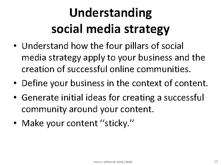 Understanding social media strategy • Understand how the four pillars of social media strategy