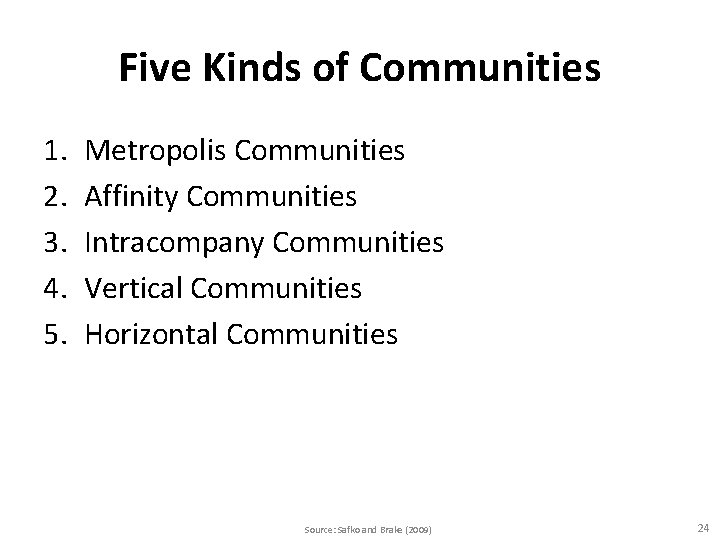 Five Kinds of Communities 1. 2. 3. 4. 5. Metropolis Communities Affinity Communities Intracompany