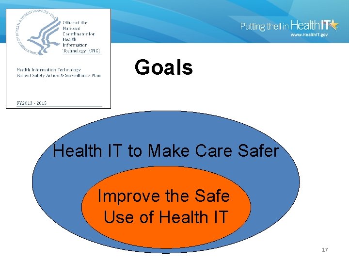 Goals Health IT to Make Care Safer Improve the Safe Use of Health IT