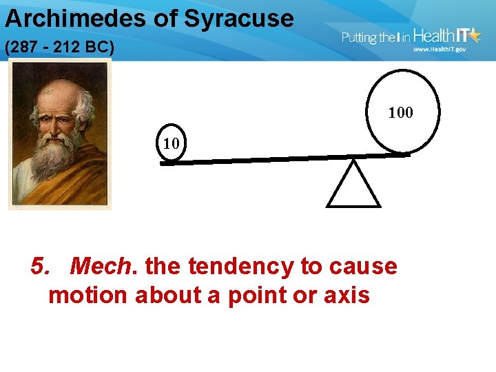 Archimedes of Syracuse (287 - 212 BC) 100 10 5. Mech. the tendency to