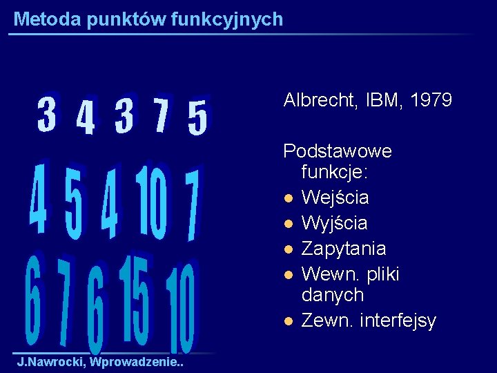 Metoda punktów funkcyjnych Albrecht, IBM, 1979 Podstawowe funkcje: l Wejścia l Wyjścia l Zapytania