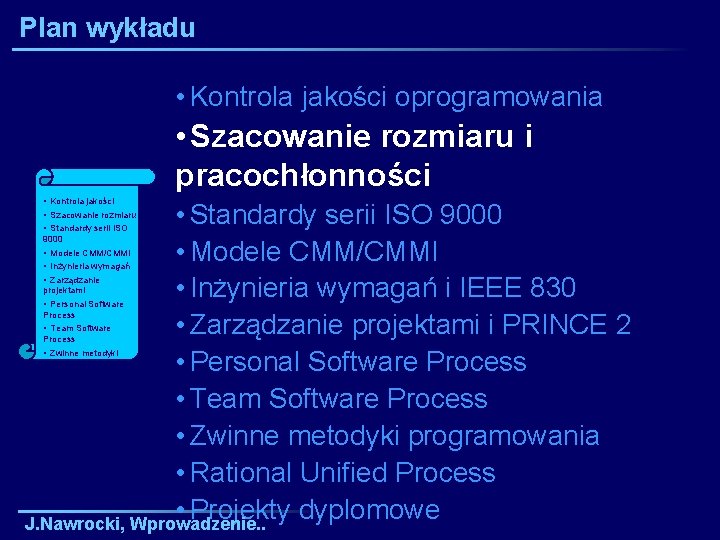 Plan wykładu • Kontrola jakości oprogramowania • Szacowanie rozmiaru i pracochłonności • Kontrola jakości