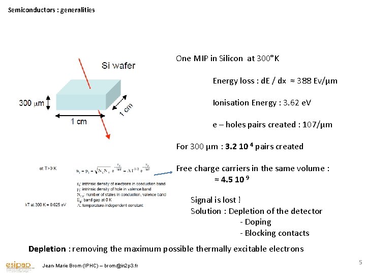 Semiconductors : generalities One MIP in Silicon at 300°K Energy loss : d. E