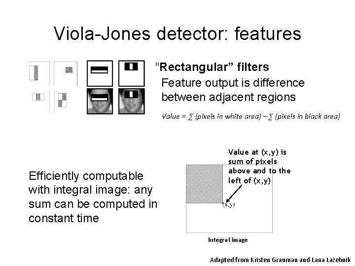 Viola-Jones detector: features “Rectangular” filters Feature output is difference between adjacent regions Value =