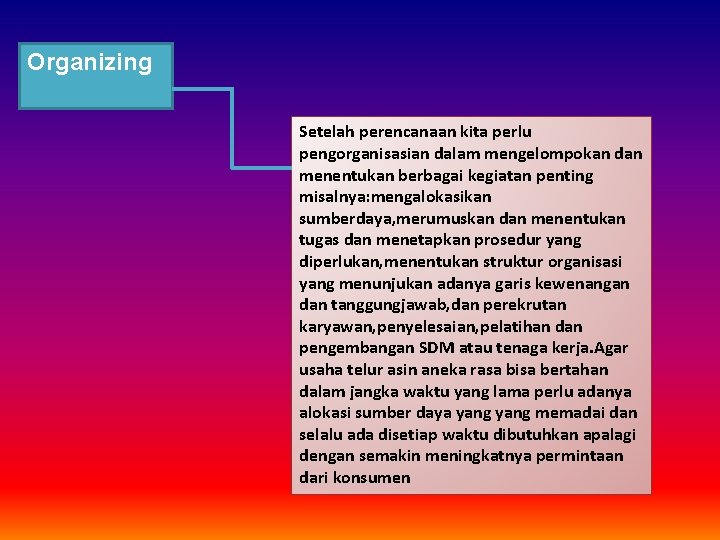 Organizing Setelah perencanaan kita perlu pengorganisasian dalam mengelompokan dan menentukan berbagai kegiatan penting misalnya: