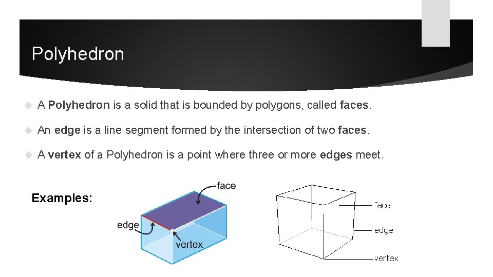 Polyhedron A Polyhedron is a solid that is bounded by polygons, called faces. An