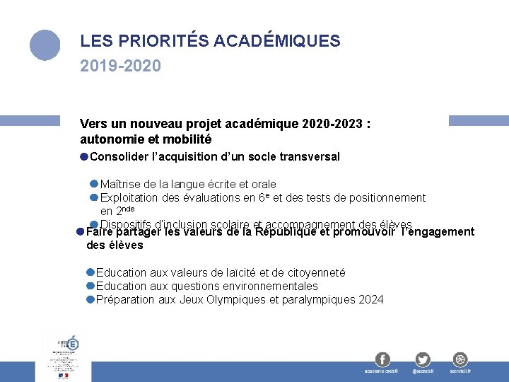 LES PRIORITÉS ACADÉMIQUES 2019 -2020 Vers un nouveau projet académique 2020 -2023 : autonomie