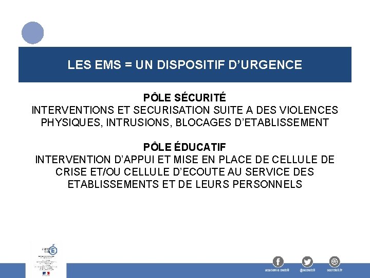 LES EMS = UN DISPOSITIF D’URGENCE PÔLE SÉCURITÉ INTERVENTIONS ET SECURISATION SUITE A DES