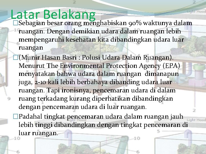 Latar Belakang �Sebagian besar orang menghabiskan 90% waktunya dalam ruangan. Dengan demikian udara dalam