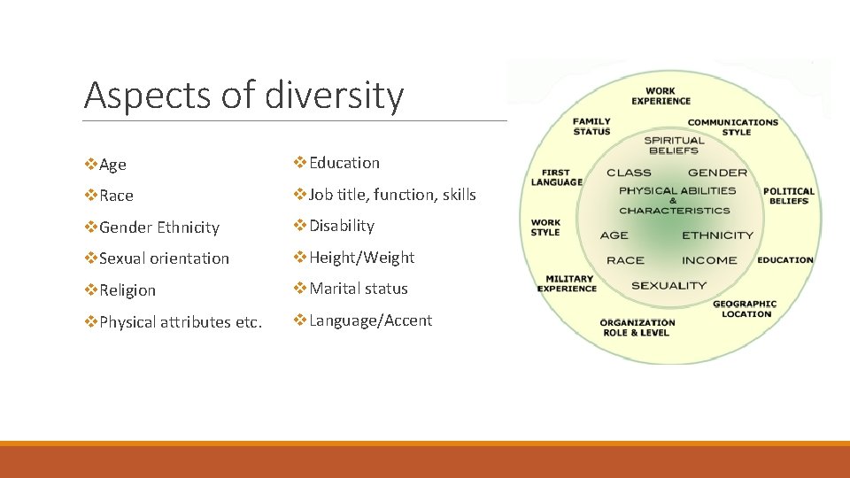 Aspects of diversity v. Age v. Education v. Race v. Job title, function, skills