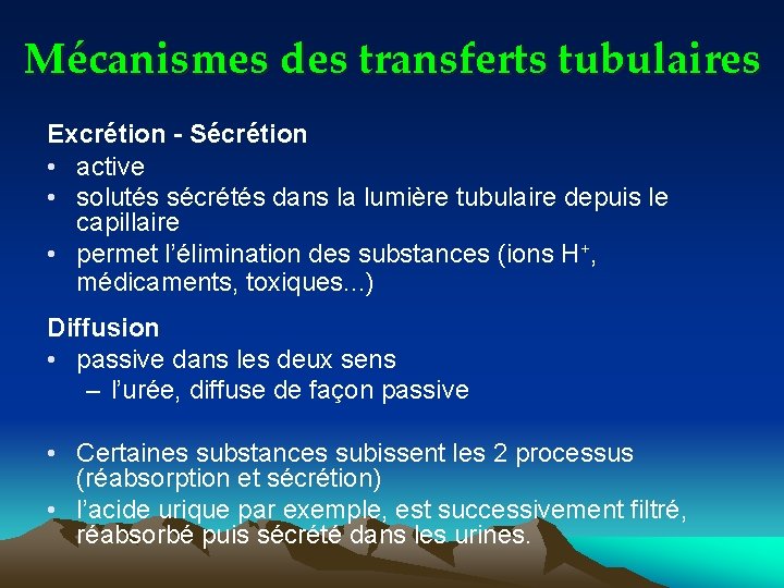 Mécanismes des transferts tubulaires Excrétion - Sécrétion • active • solutés sécrétés dans la