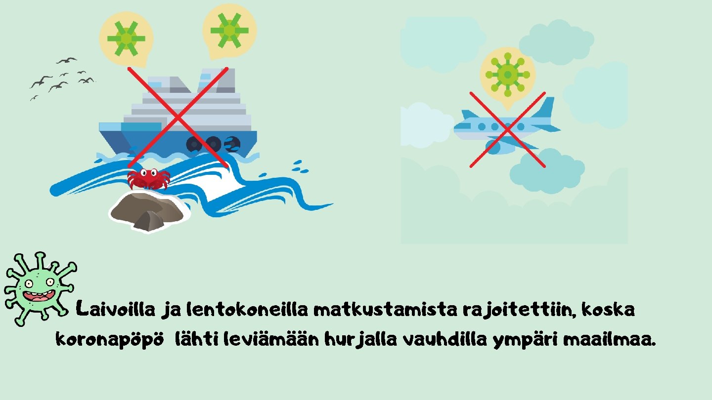 Laivoilla ja lentokoneilla matkustamista rajoitettiin, koska koronapöpö lähti leviämään hurjalla vauhdilla ympäri maailmaa. 