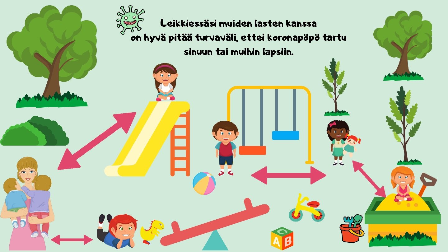 Leikkiessäsi muiden lasten kanssa on hyvä pitää turvaväli, ettei koronapöpö tartu sinuun tai muihin