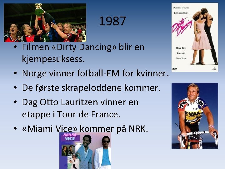 1987 • Filmen «Dirty Dancing» blir en kjempesuksess. • Norge vinner fotball-EM for kvinner.