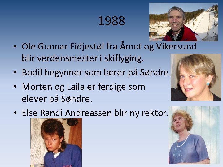 1988 • Ole Gunnar Fidjestøl fra Åmot og Vikersund blir verdensmester i skiflyging. •