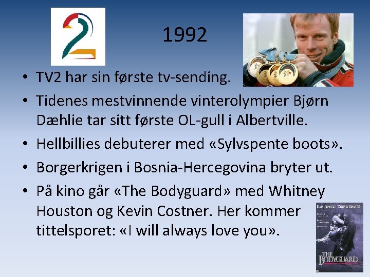 1992 • TV 2 har sin første tv-sending. • Tidenes mestvinnende vinterolympier Bjørn Dæhlie