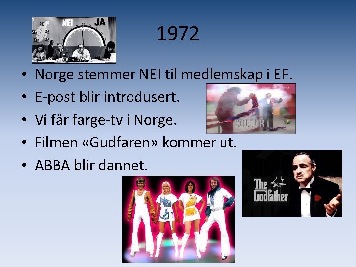 1972 • • • Norge stemmer NEI til medlemskap i EF. E-post blir introdusert.