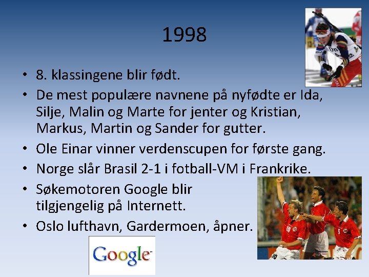 1998 • 8. klassingene blir født. • De mest populære navnene på nyfødte er