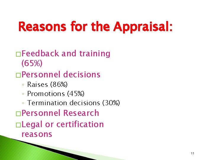 Reasons for the Appraisal: � Feedback and training (65%) � Personnel decisions ◦ Raises
