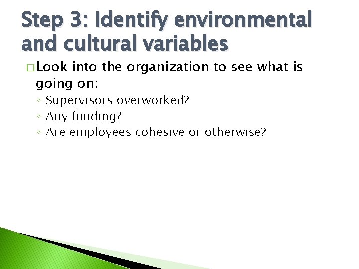 Step 3: Identify environmental and cultural variables � Look into the organization to see