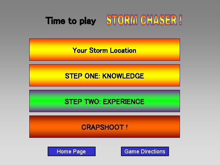 Time to play Your Storm Location STEP ONE: KNOWLEDGE STEP TWO: EXPERIENCE CRAPSHOOT !