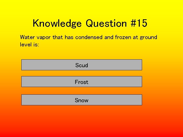 Knowledge Question #15 Water vapor that has condensed and frozen at ground level is: