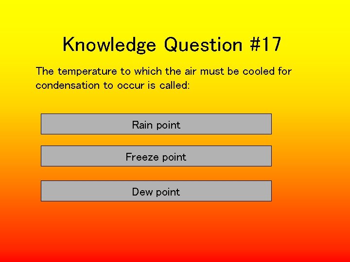 Knowledge Question #17 The temperature to which the air must be cooled for condensation