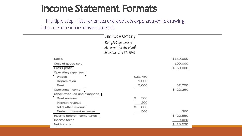 Income Statement Formats Multiple step - lists revenues and deducts expenses while drawing intermediate