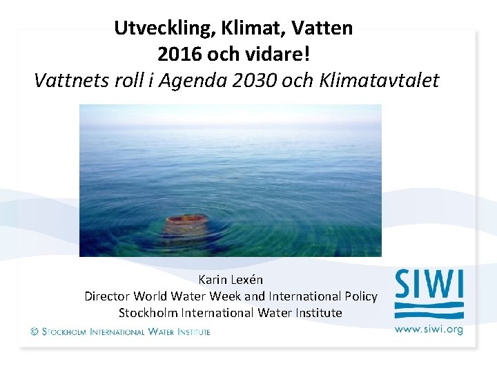 Utveckling, Klimat, Vatten 2016 och vidare! Vattnets roll i Agenda 2030 och Klimatavtalet Karin