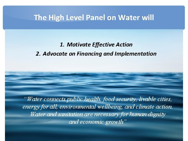 The High Level Panel on Water will 1. Motivate Effective Action 2. Advocate on
