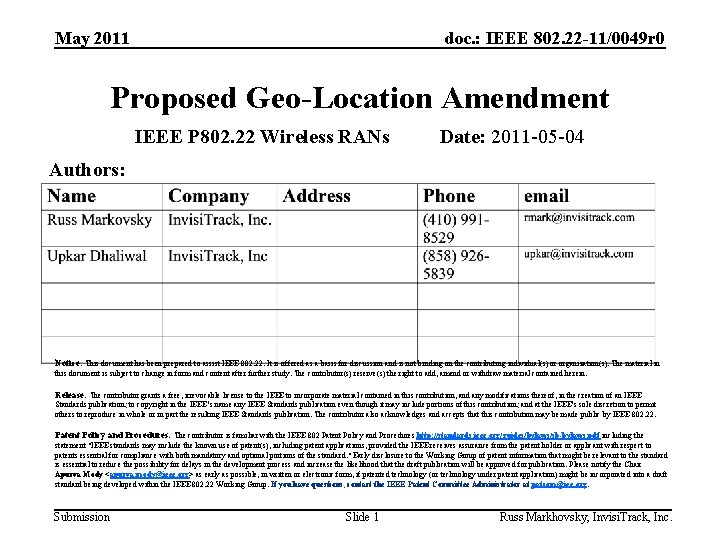 May 2011 doc. : IEEE 802. 22 -11/0049 r 0 Proposed Geo-Location Amendment IEEE