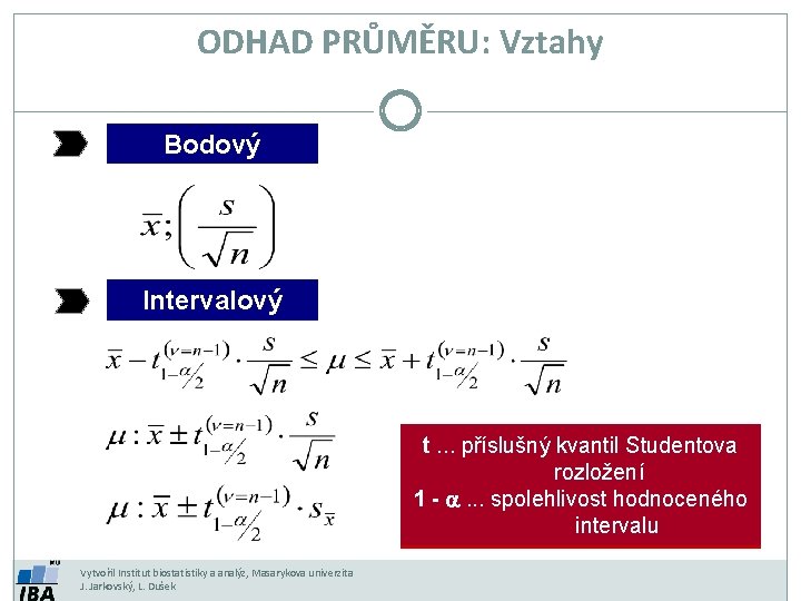 ODHAD PRŮMĚRU: Vztahy Bodový Intervalový t. . . příslušný kvantil Studentova rozložení 1 -