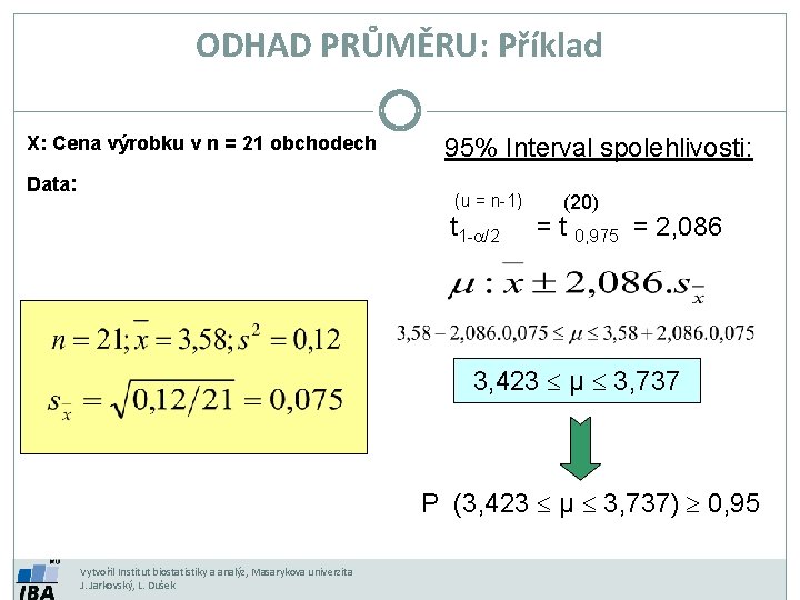 ODHAD PRŮMĚRU: Příklad X: Cena výrobku v n = 21 obchodech Data: 95% Interval