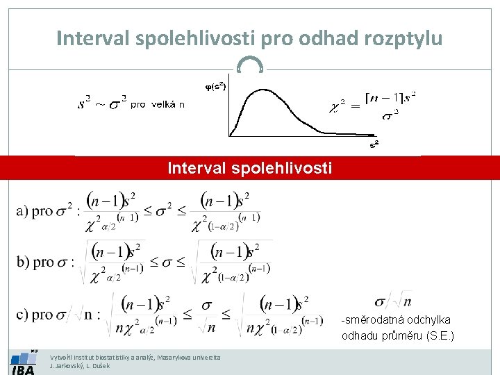 Interval spolehlivosti pro odhad rozptylu Interval spolehlivosti -směrodatná odchylka odhadu průměru (S. E. )