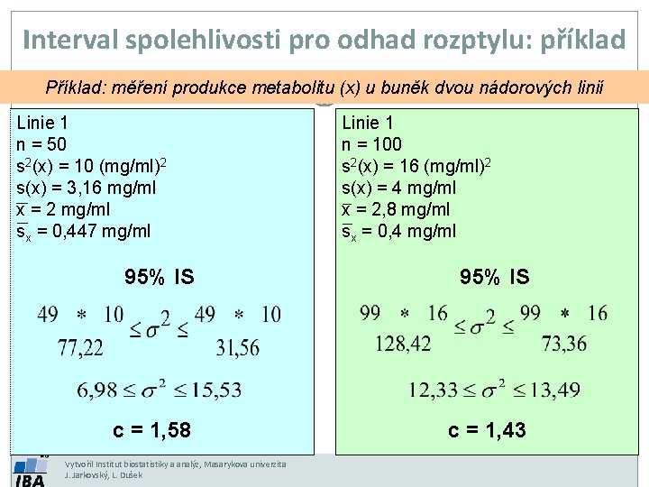 Interval spolehlivosti pro odhad rozptylu: příklad Příklad: měření produkce metabolitu (x) u buněk dvou