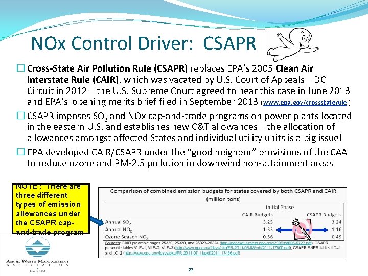 NOx Control Driver: CSAPR � Cross-State Air Pollution Rule (CSAPR) replaces EPA’s 2005 Clean