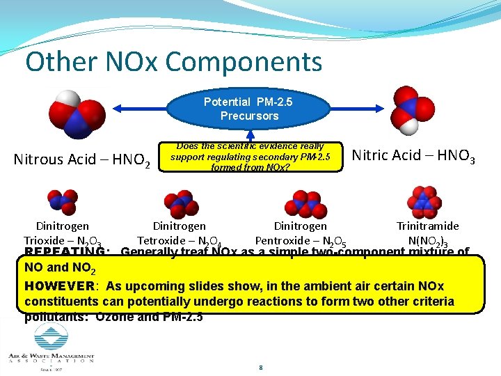 Other NOx Components Potential PM-2. 5 Precursors Nitric Oxide MW = 30. 01 Nitrous