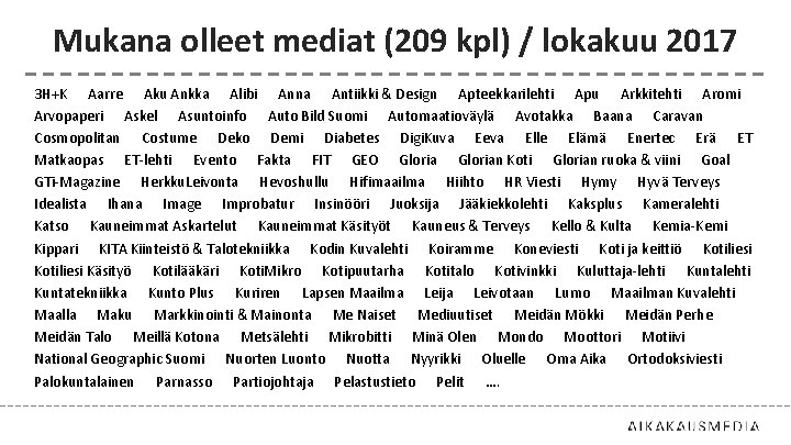 Mukana olleet mediat (209 kpl) / lokakuu 2017 3 H+K Aarre Aku Ankka Alibi