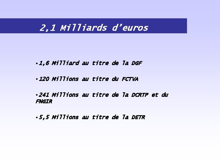 2, 1 Milliards d’euros • 1, 6 Milliard au titre de la DGF •