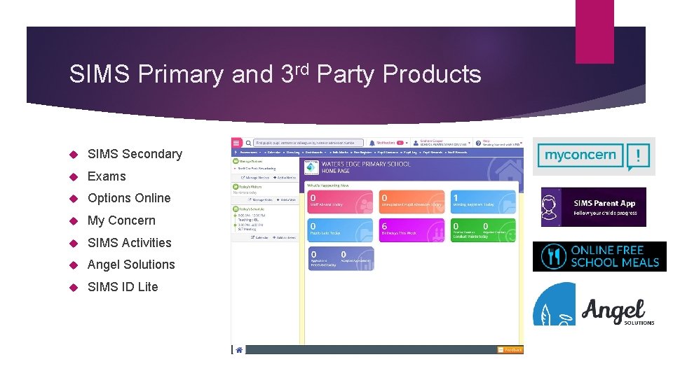 SIMS Primary and 3 rd Party Products SIMS Secondary Exams Options Online My Concern