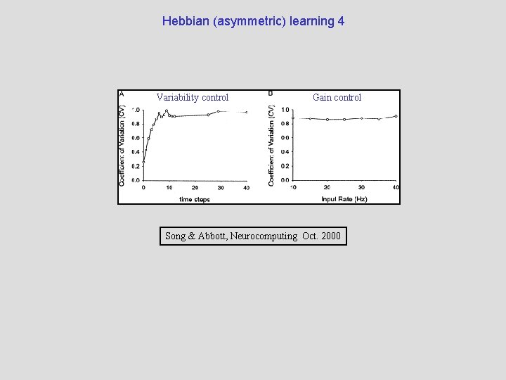 Hebbian (asymmetric) learning 4 Variability control Gain control Song & Abbott, Neurocomputing Oct. 2000