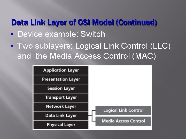 Data Link Layer of OSI Model (Continued) • Device example: Switch • Two sublayers: