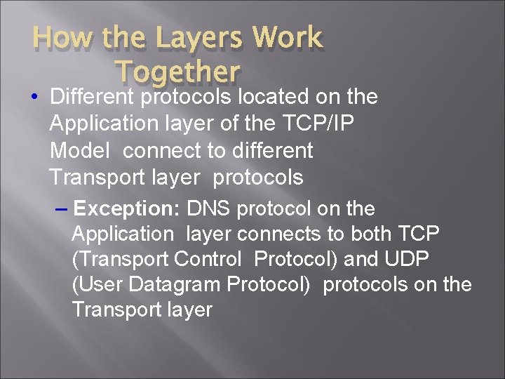 How the Layers Work Together • Different protocols located on the Application layer of