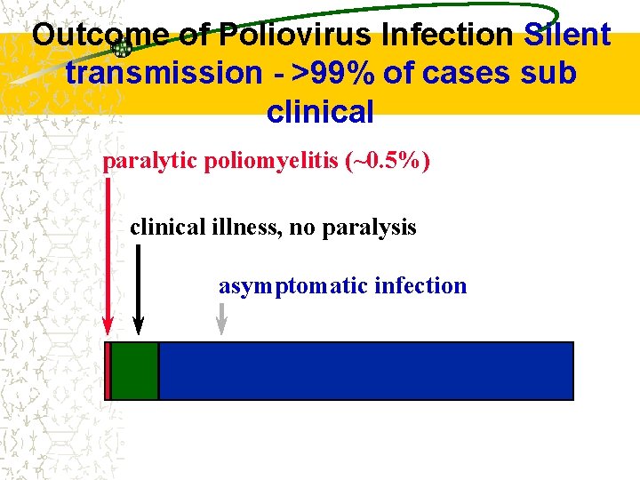Outcome of Poliovirus Infection Silent transmission - >99% of cases sub clinical paralytic poliomyelitis