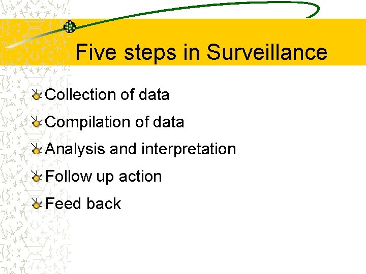 Five steps in Surveillance Collection of data Compilation of data Analysis and interpretation Follow