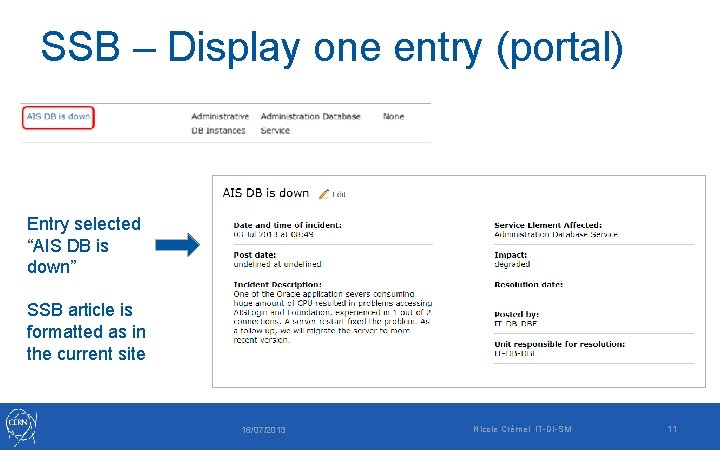 SSB – Display one entry (portal) Entry selected “AIS DB is down” SSB article SSB – Display one entry (portal) Entry selected “AIS DB is down” SSB article