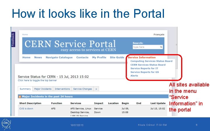 How it looks like in the Portal All sites available in the menu “Service How it looks like in the Portal All sites available in the menu “Service