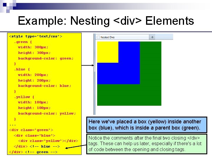 Example: Nesting <div> Elements <style type="text/css">. green { width: 300 px; height: 300 px;