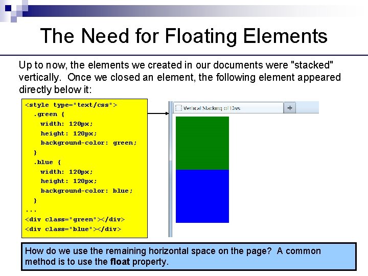 The Need for Floating Elements Up to now, the elements we created in our