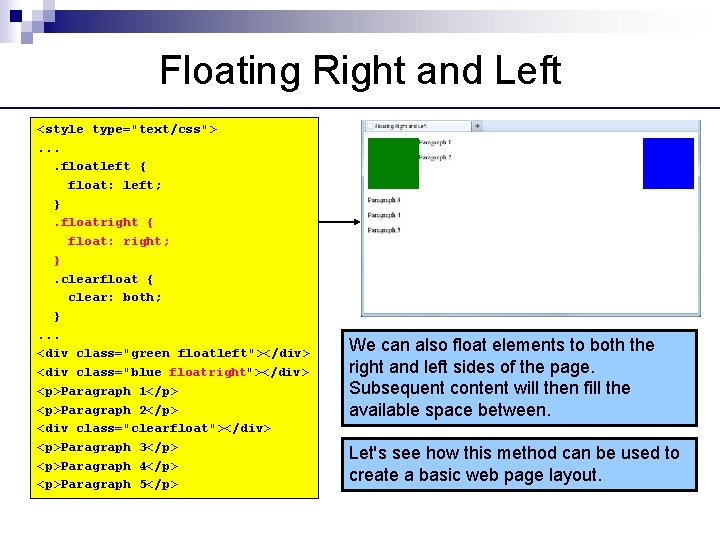 Floating Right and Left <style type="text/css">. . floatleft { float: left; }. floatright {